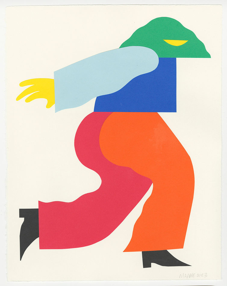 a figure walks across the frame of the collage, both arms behind her, right leg near the bottom right corner, left leg near the bottom left, flicking out her black boot.