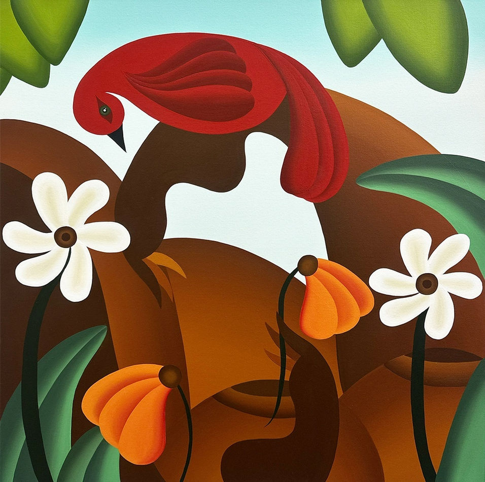 Painting of a brown figure with a red bird perched on its limb surrounded by white and orange flowers on a blue background