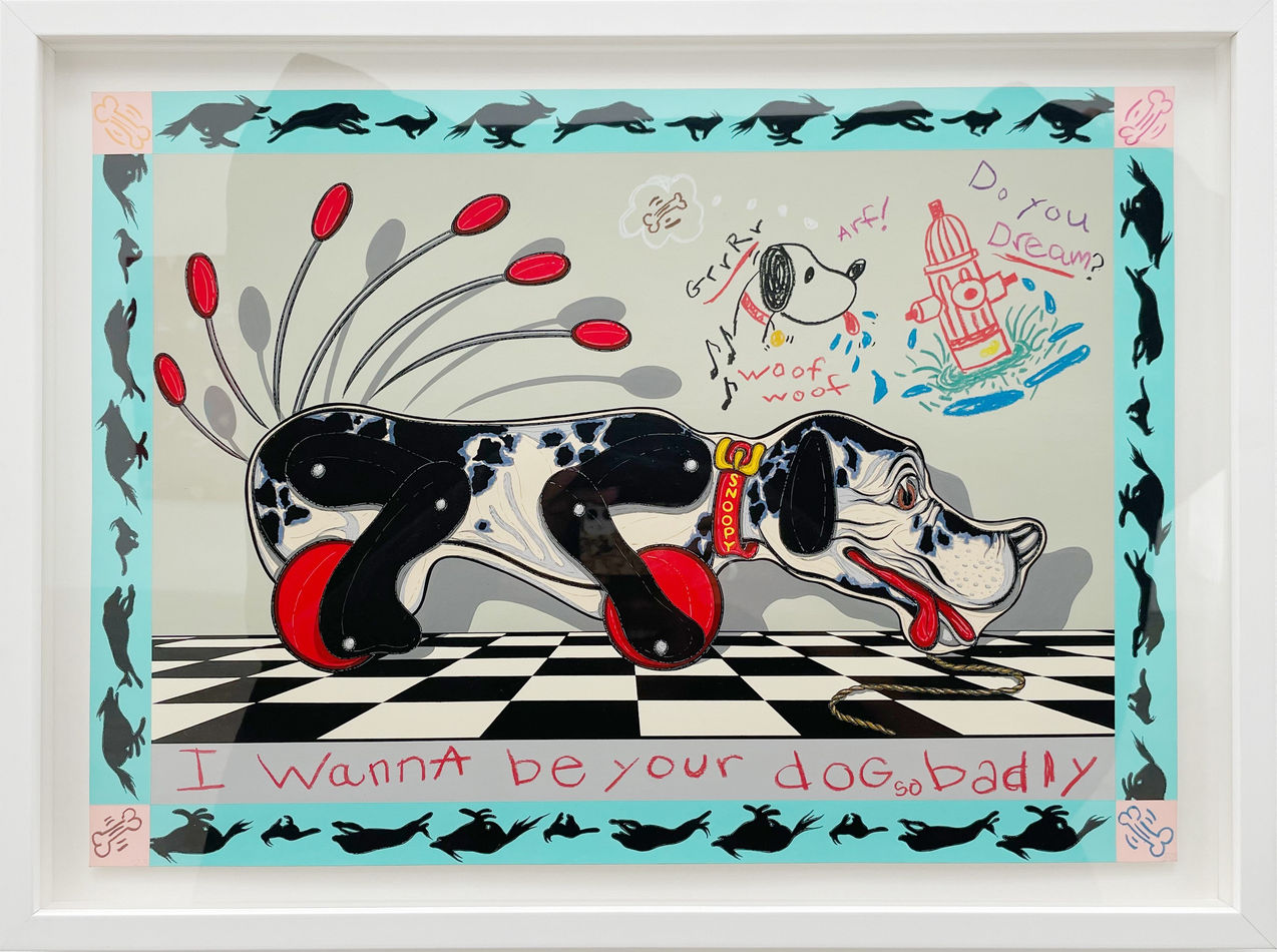 Painting of a black and white spotted toy dog with red wheels as feet on a black and white checkered floor. On the wall behind the dog is a kids drawing on the wall of a dog and a red fire hydrant. There is a bright blue border with black silhouettes of a dog running.