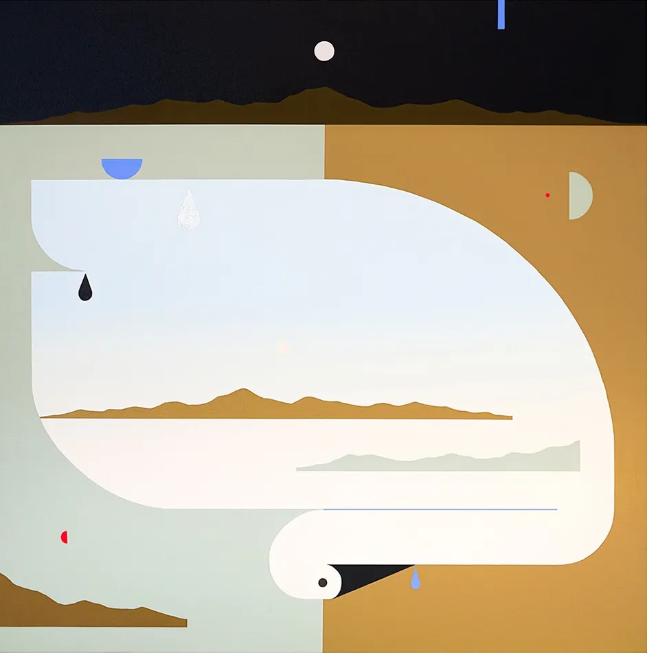 Painting of abstract and geometric shapes that look like a bird, the moon, and mountains in brown, black, and green
