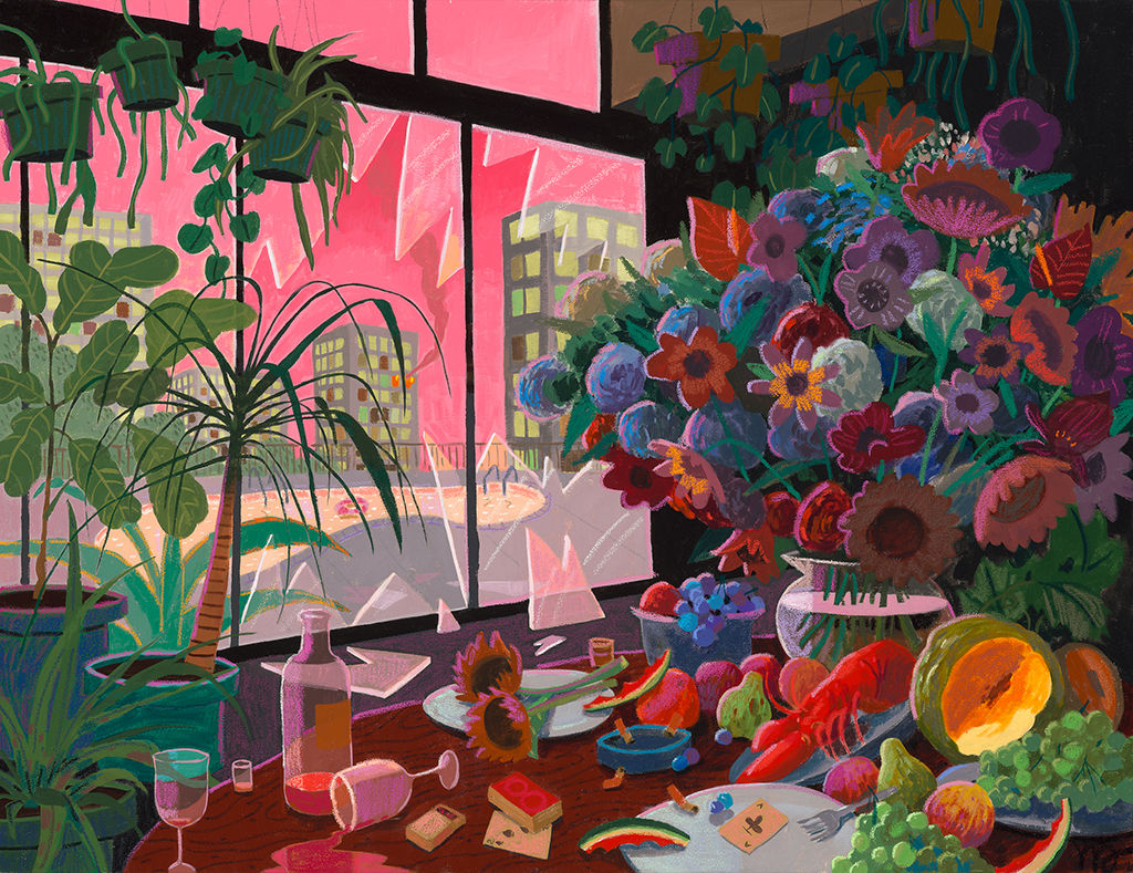Pastel drawing of a shattered glass window and a table with food, flowers, and glass on it