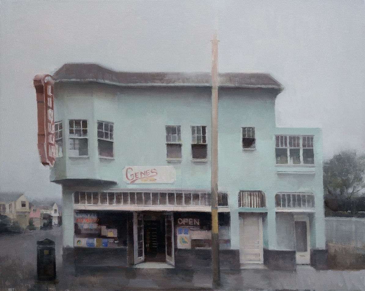 Kim Cogan - Painting of a a liquor store from street view, the building is in lake green