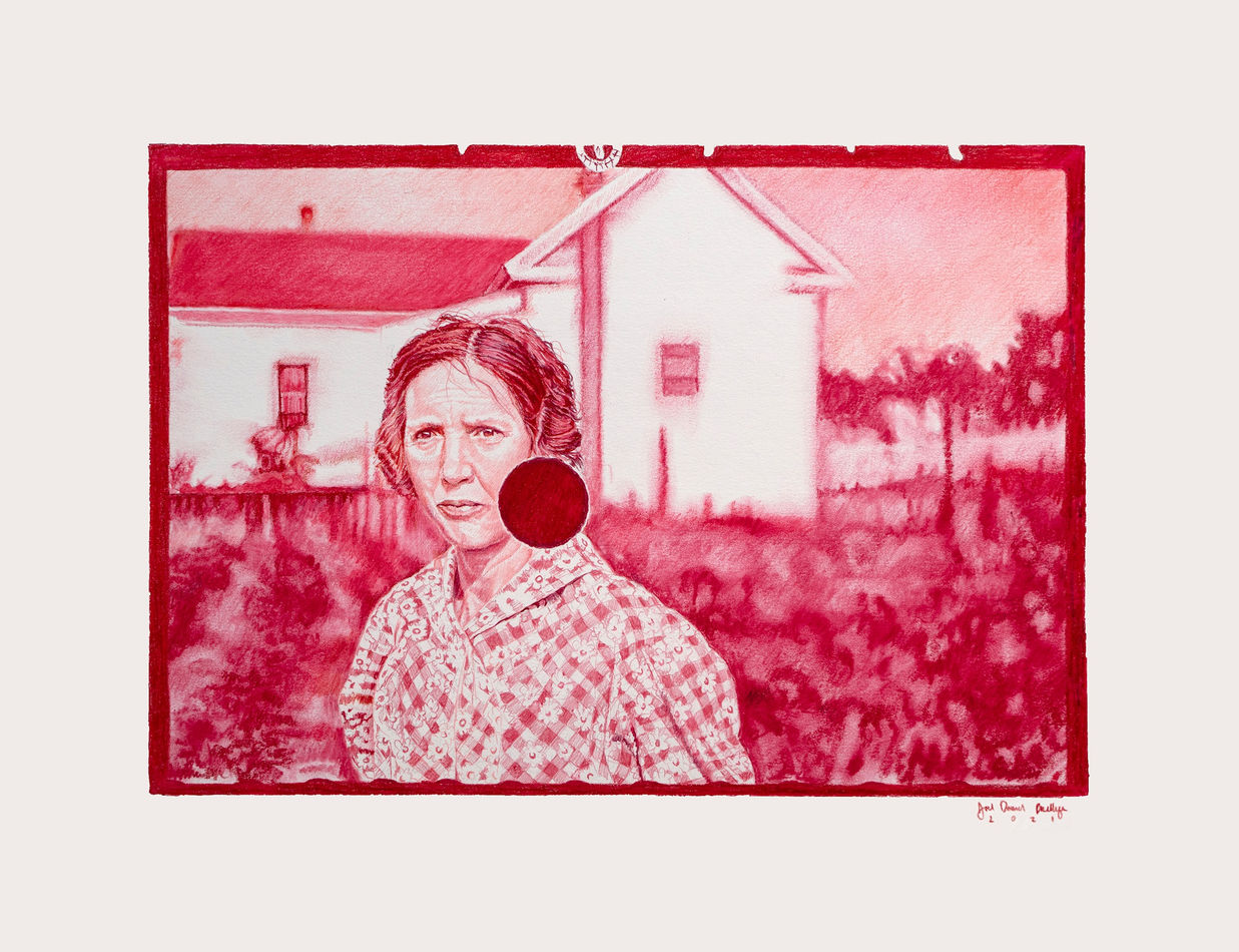 Joel Daniel Phillips red pencil drawing of woman in front of blurry farm house, red void at cheek