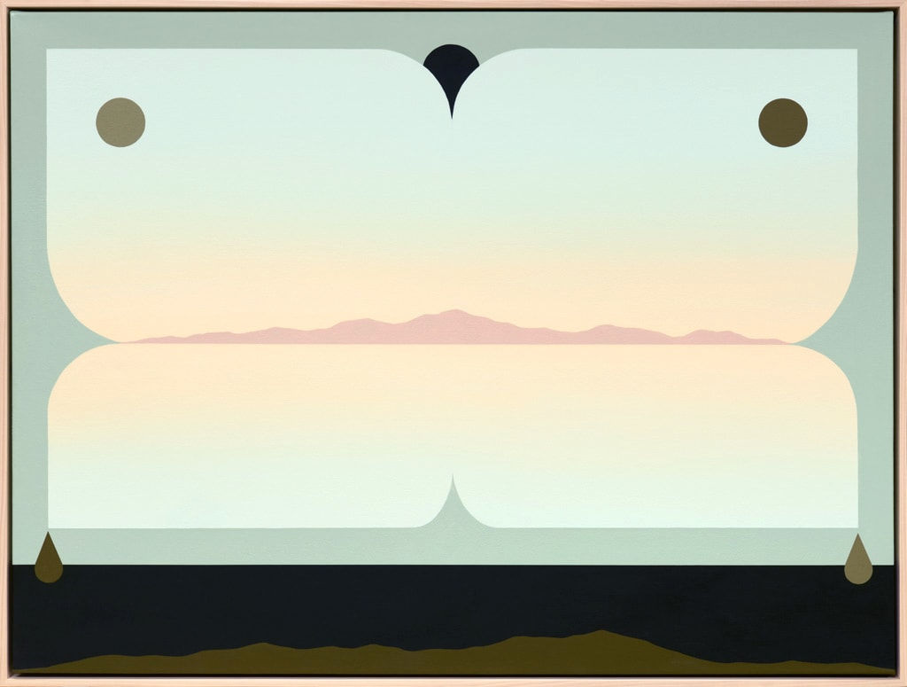 painting by Madeleine Tonzi of a landscape in neutral greens, blues, and pinks with a black border at the bottom