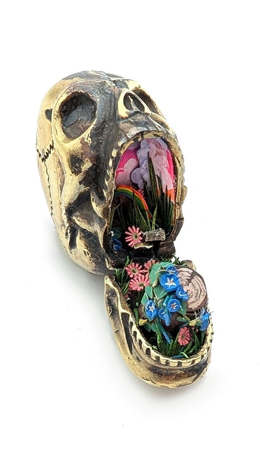 hand-cut watercolor collage in rare antique solid brass vesta match safe by Shannon Taylor