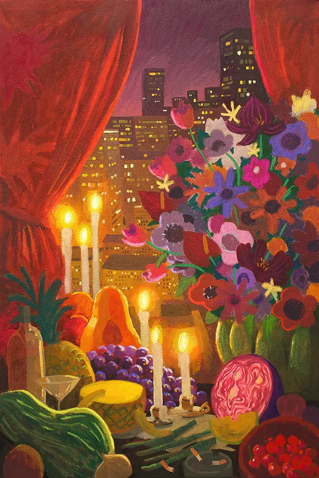Pastel drawing of fruits, vegetables, and candles in front of a window with red curtains