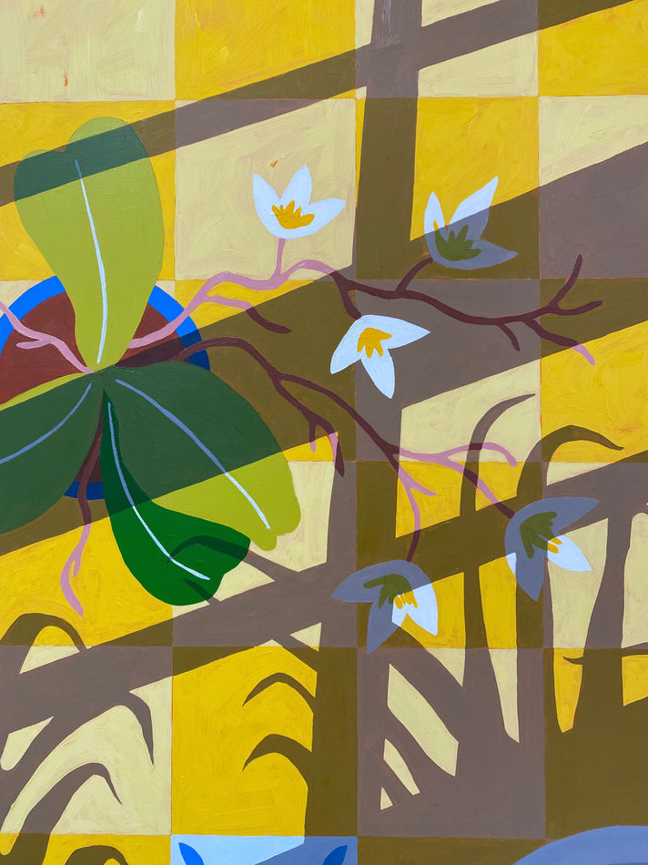 Natalia Juncadella yellow painting of plants, tabletop and shadows detail