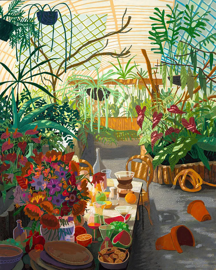 Pastel drawing of a table with flowers and food on it in a greenhouse