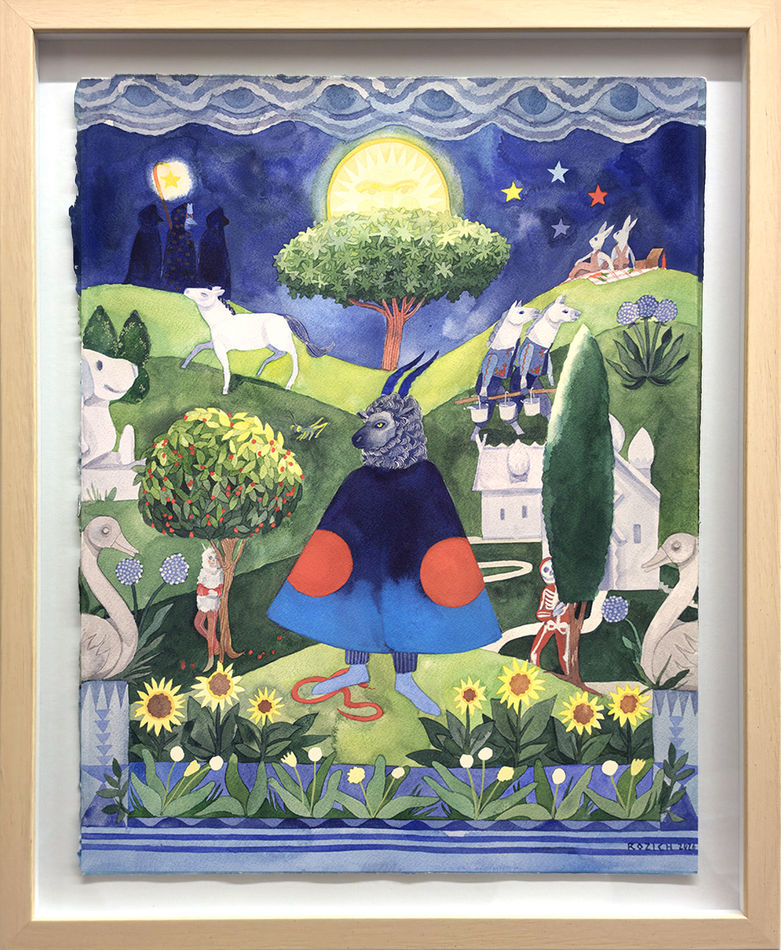 Framed Painting on paper of a ram in a blue coat standing on a hill surrounded by trees and white horses