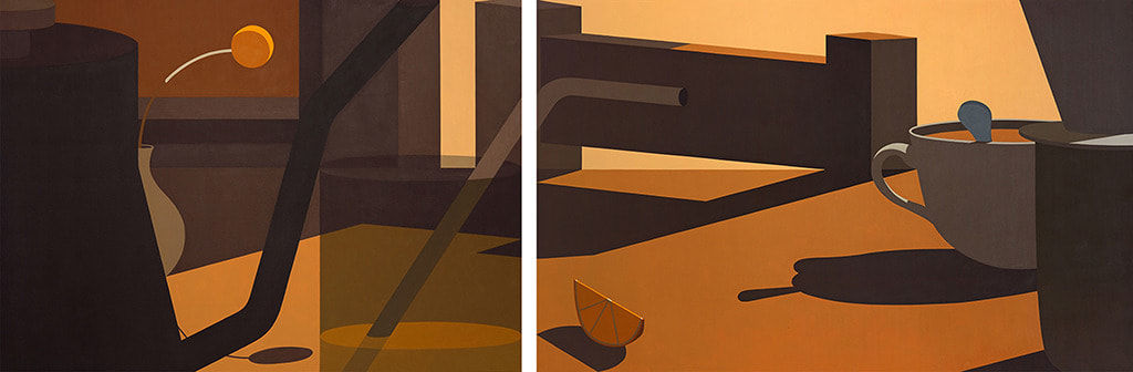 Diptych still life painting of a breakfast table. On the left canvas, titled Juice, is a cup of juice with a straw, a black water kettle and a vase with a round orange flower. On the right canvas, titled Coffee, is an orange slice, a cup of coffee with a spoon and a pour over coffee filter. There is the head of a chair in the background