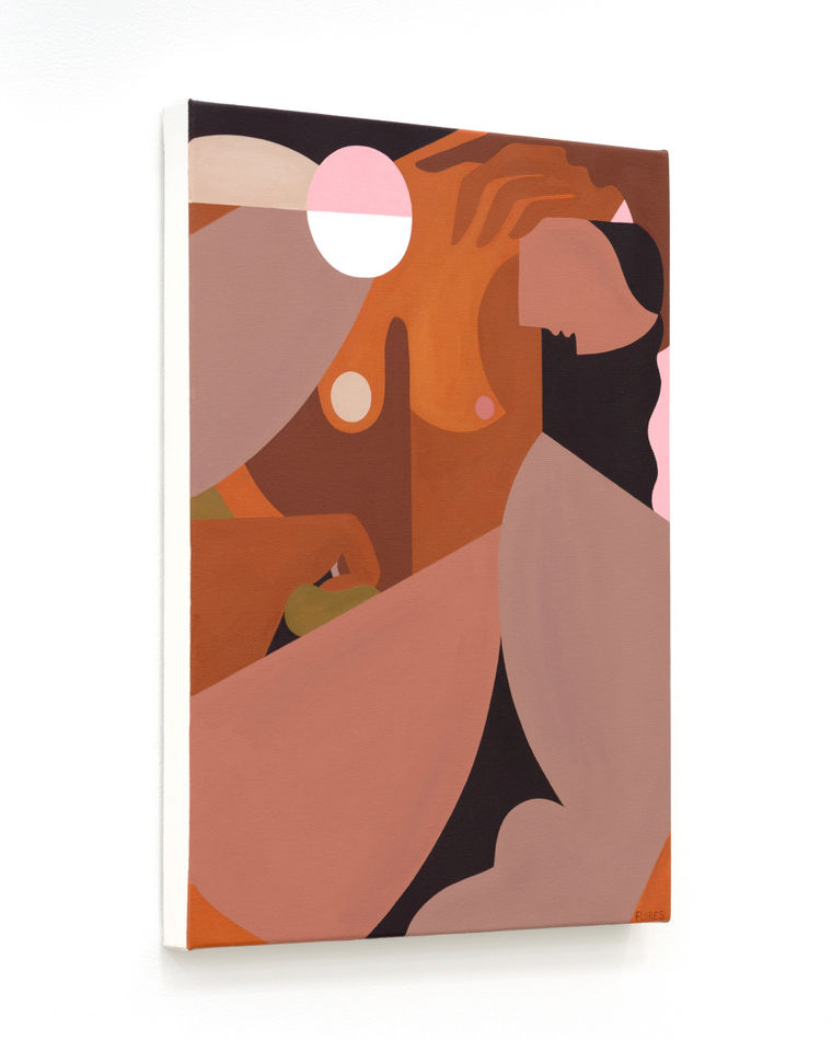 Abstract painting of a woman hunched over with her arm over her neck.