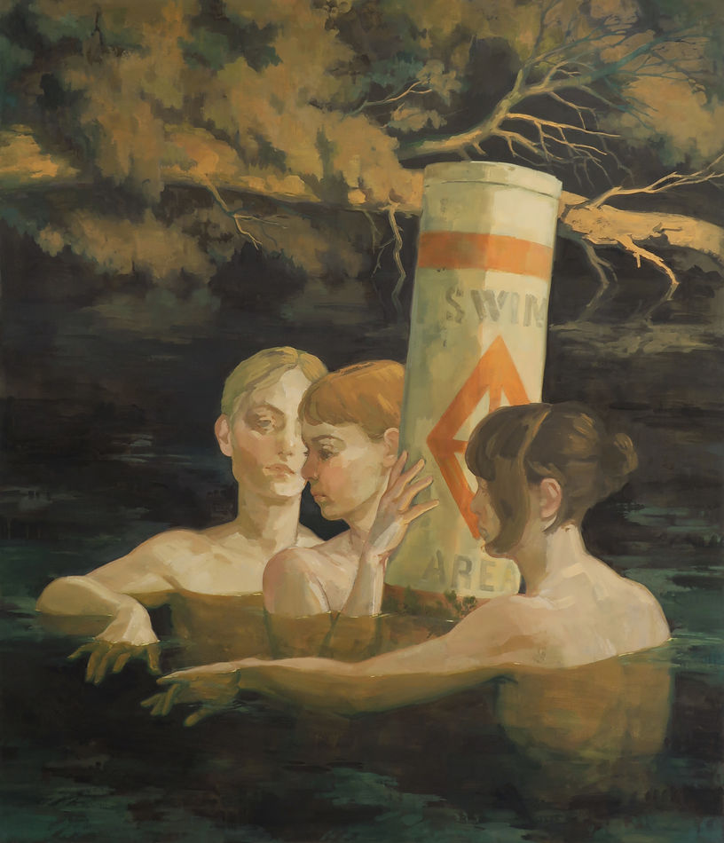 Painting of three women naked in a body of water floating near a buoy