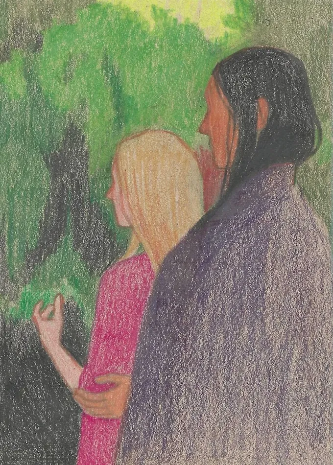 Drawing of two women's profiles as they stand in front of green trees