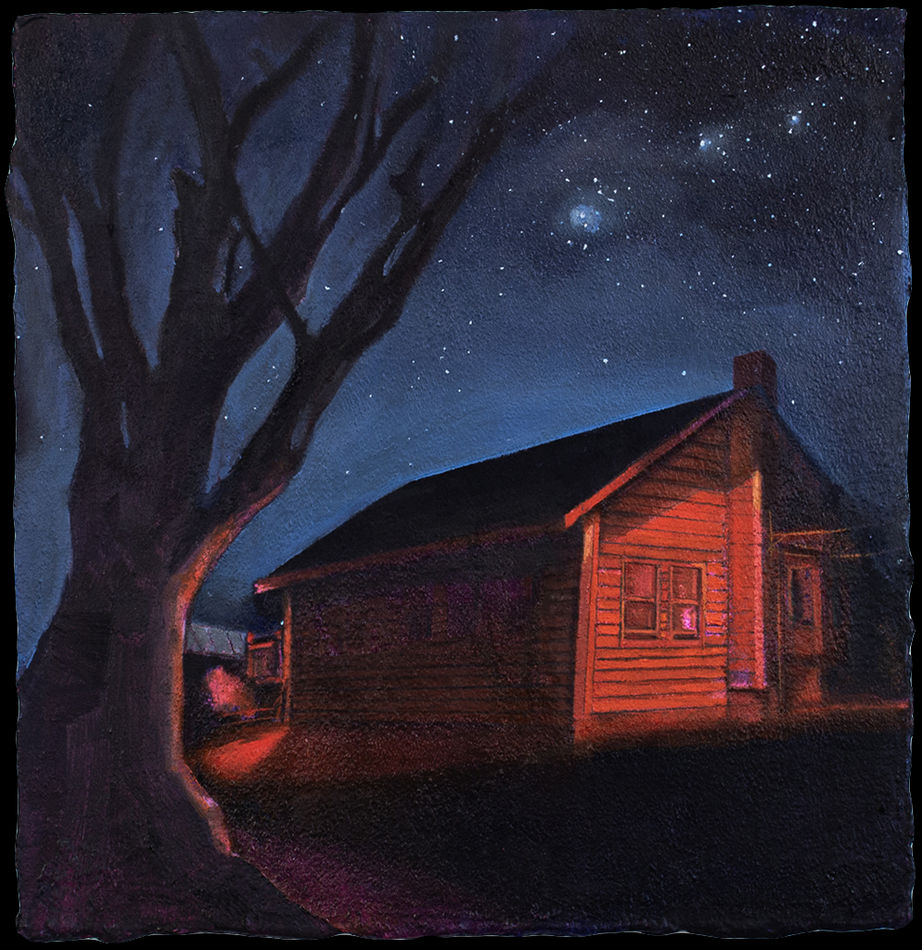 Painting of a house under a starry sky with a tree to the left