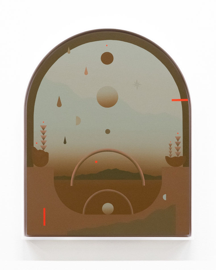 Madeleine Tonzi - brown and teal shades painting of floating arches, water drops, orbs, and other. shapes passes the landscape in the back.