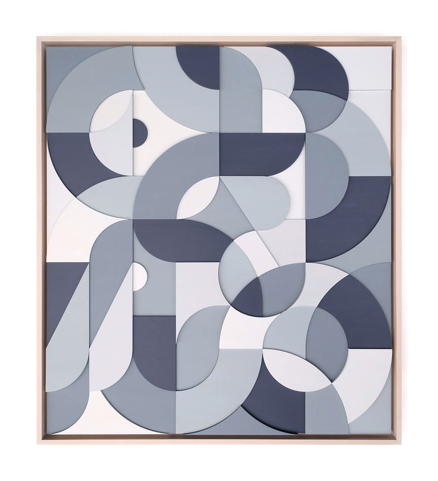 Scott Albrecht wood relief painting in gray tones