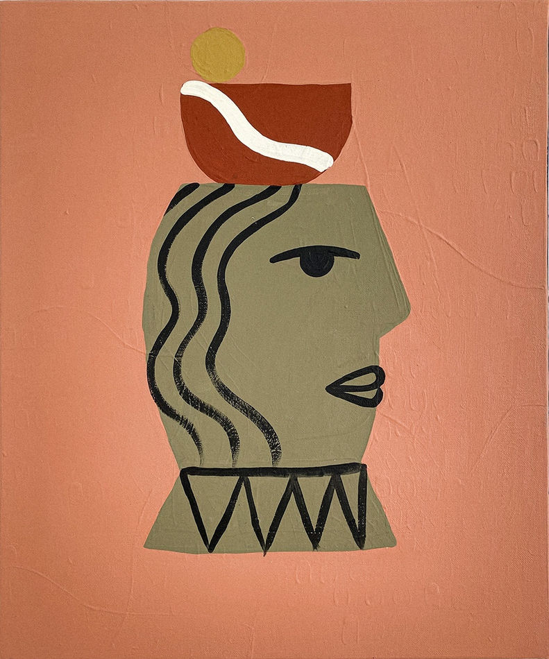 side profile of a beige face over a muted orange background