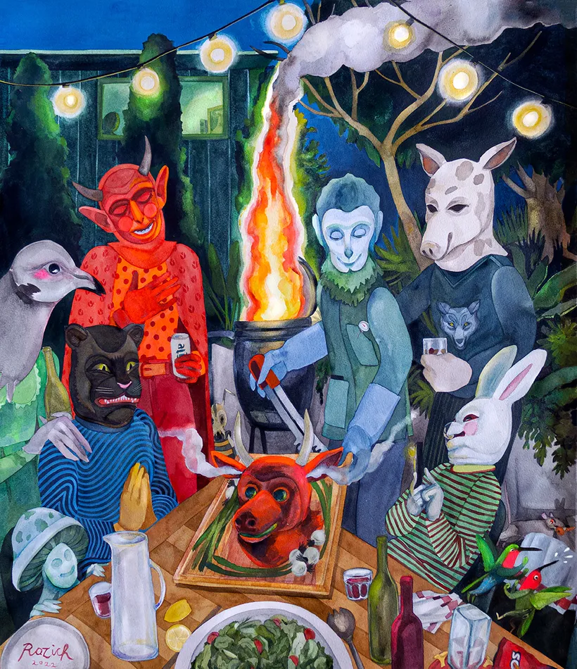 Stacey Rozich painting of mythical figures gathered around table of food, fire in background