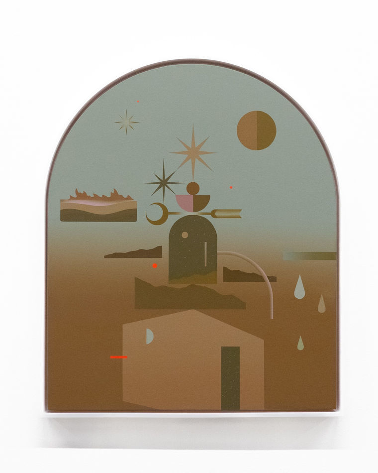 Madeleine Tonzi - brown and teal shades painting of floating and stacking landscape with other shapes represented water drops, sun, moon, and stars.