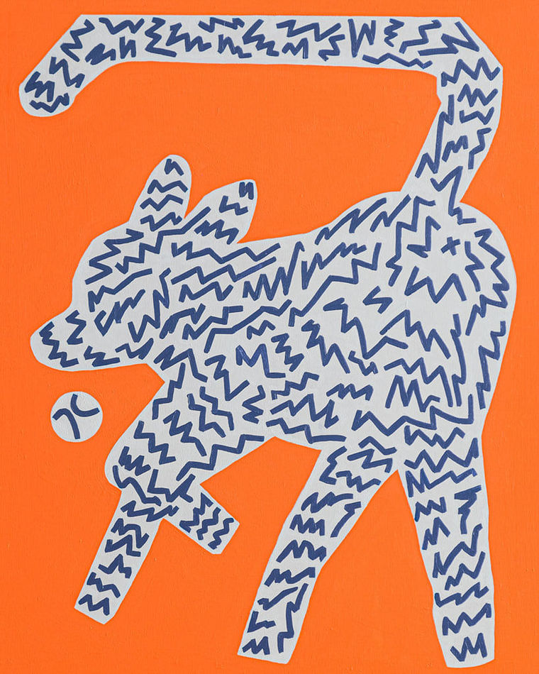 Painting of an outline of a dog chasing a ball in white with dark blue lines on an orange background