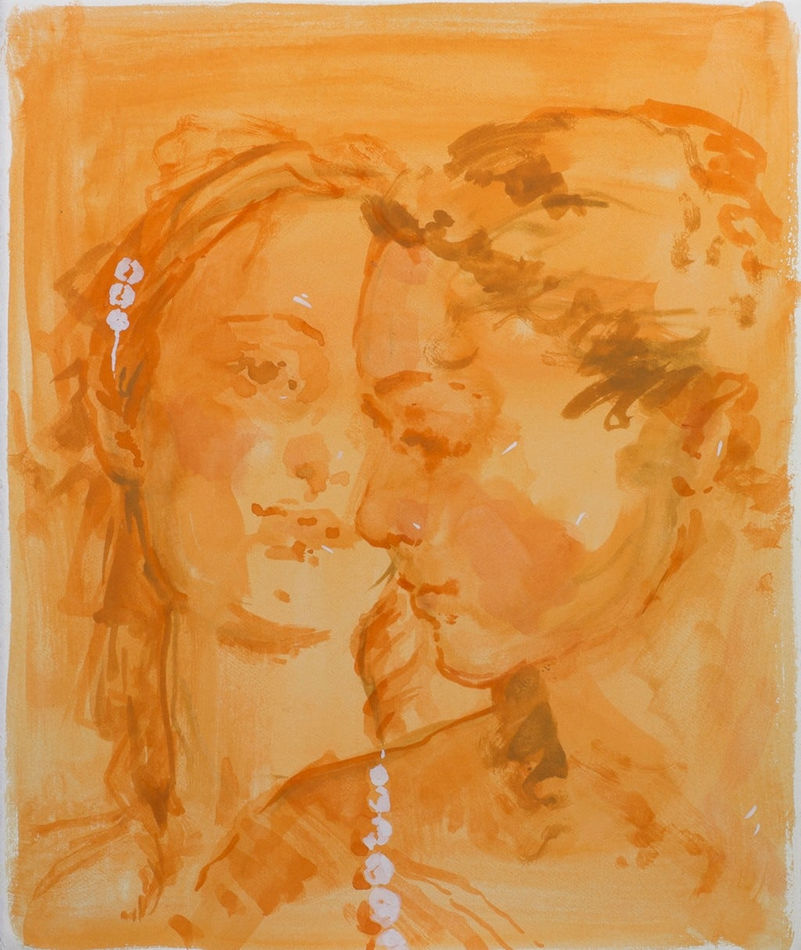 Portrait of two women, one with their head turned away showing side profile, the other facing forward looking at the other woman.