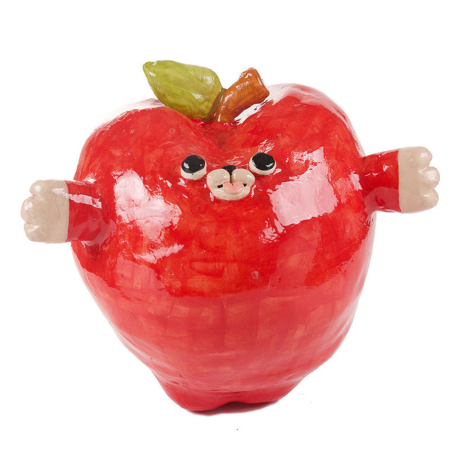 Katie Kimmel's ceramic sculpture of a red apple with a face and arms