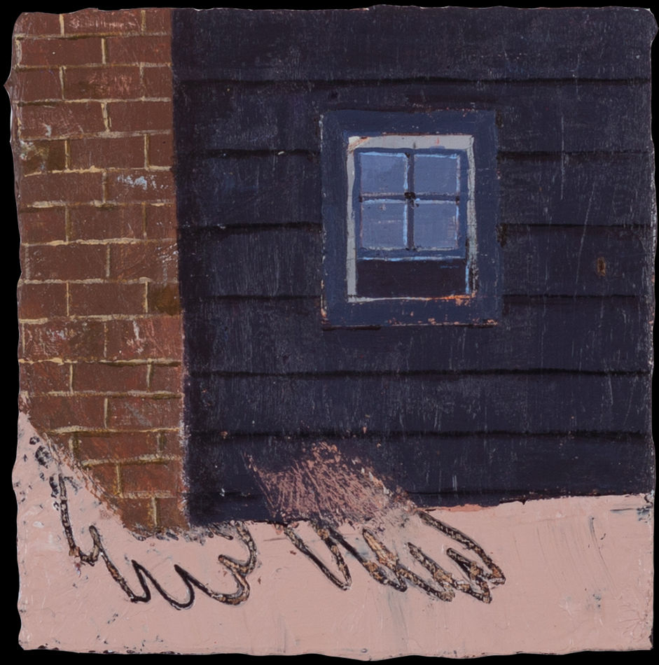 Painting of the side of a house with two hand like objects on the bottom