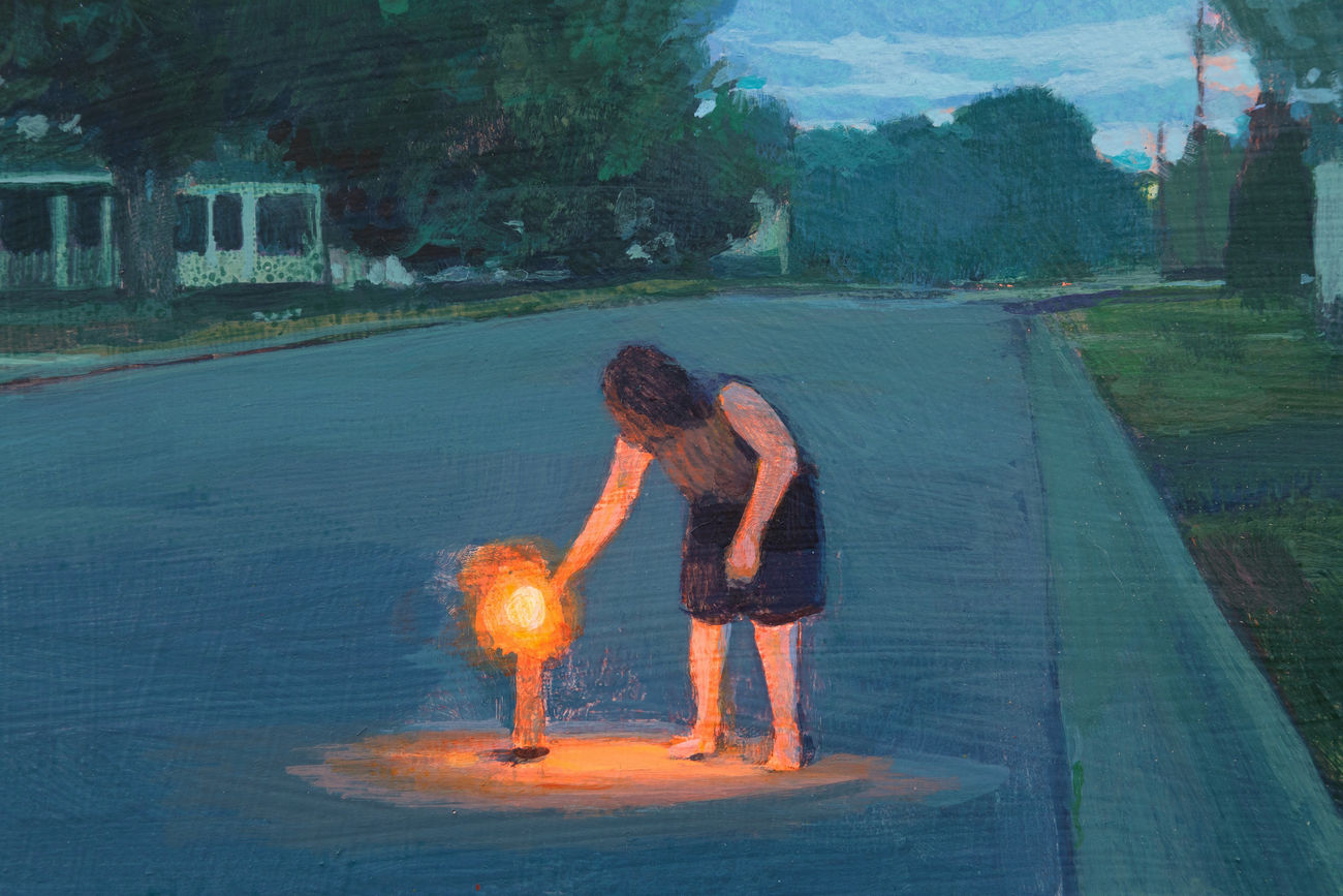 Painting of a person in the middle of a street lighting a firework