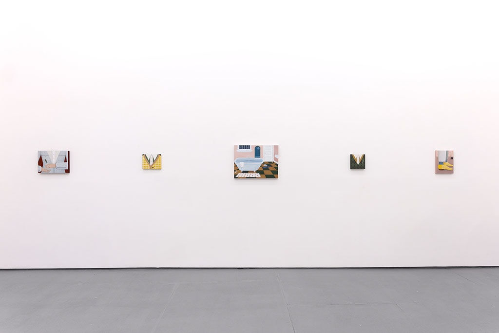 White gallery walls with paintings of various sizes by Angela Burson