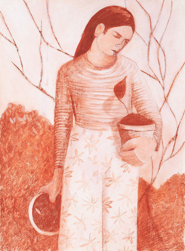 red-toned work on paper by Genevieve Cohn depicting a woman standing against a large bush and bare tree, holding a potted plant