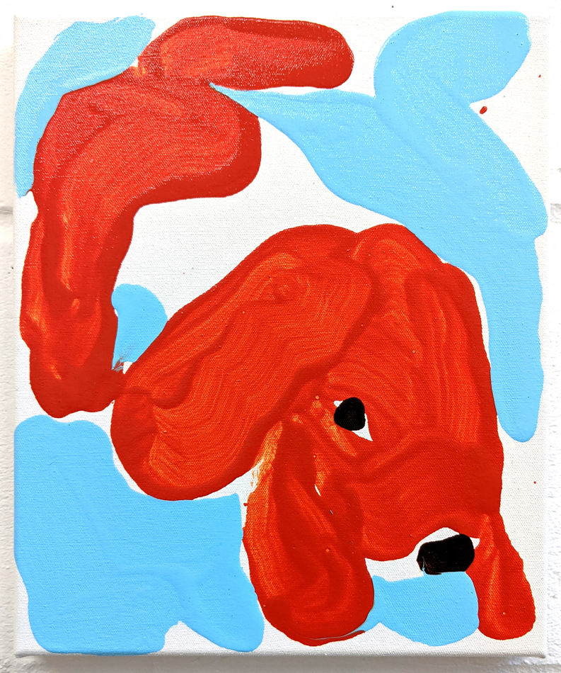 David Surman - sky blue background and red dog in the front, painted with thick but loose brushstrokes