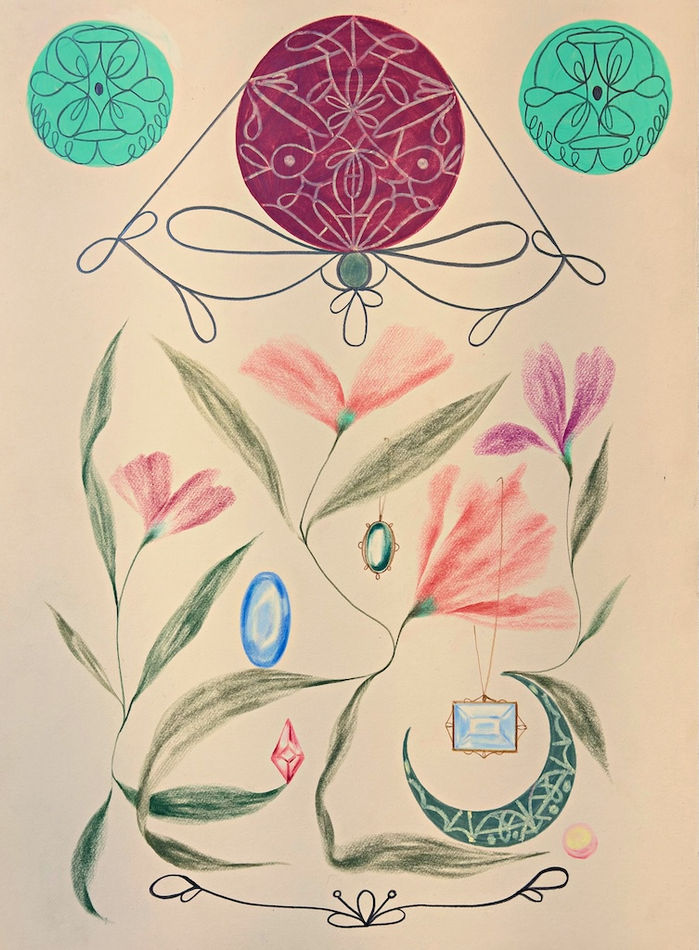 Drawing of pink and purple flowers with long green stems and a green crescent moon