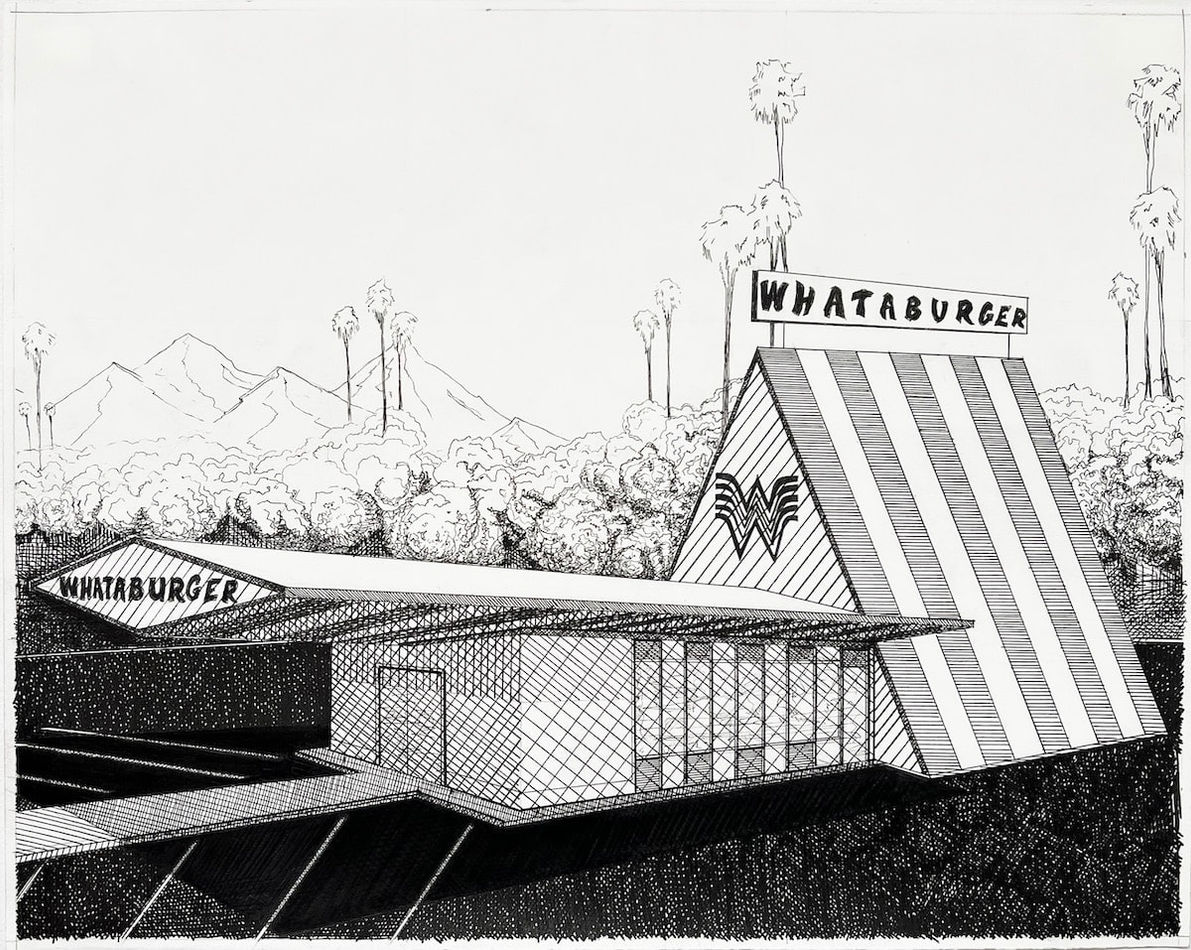 Erik Parra - drawing of a burger shop in black and white.