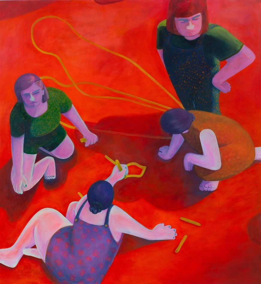 Genevieve Cohn painting of four women drawing with chalk on the ground. Painted with red ground, figures in purples and greens