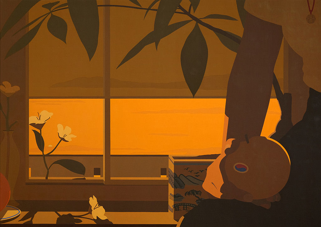 painting by artist Adrian Kay Wong depicting an orange-toned still life composition of a window, with its shade slightly drawn, white flours, a tree branch, and a figure extending an whole, unpeeled orange