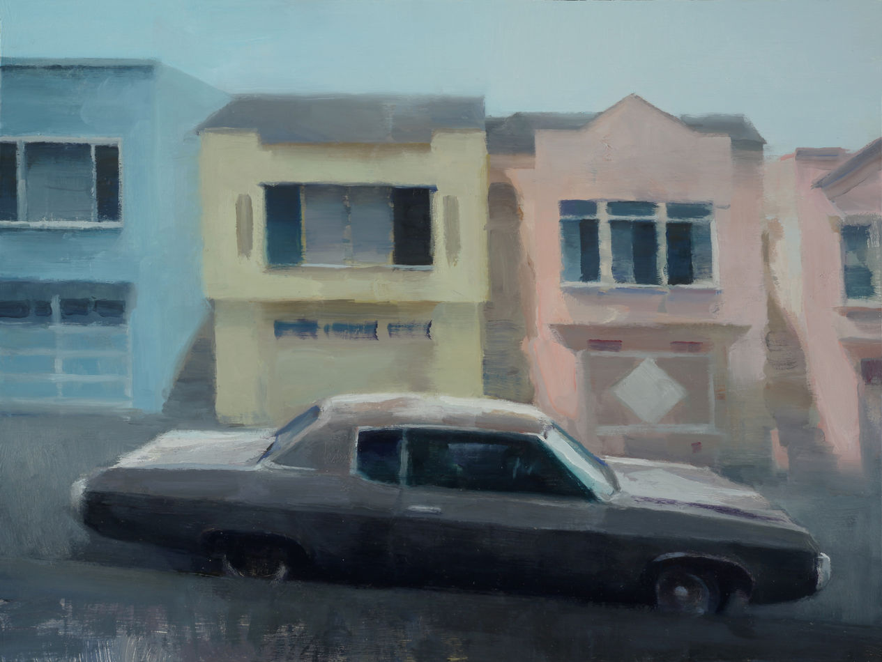 Kim Cogan painting of vintage car in foreground, pastel San Francisco homes in background
