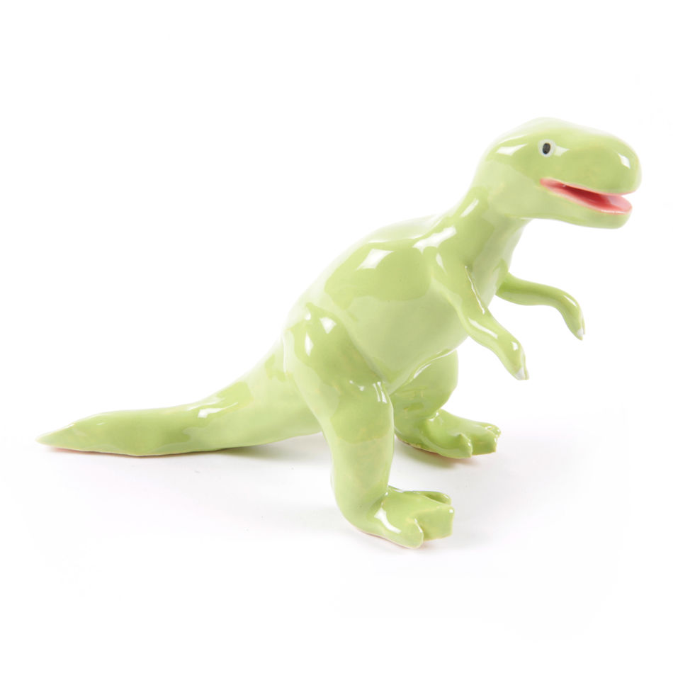 miniature ceramic sculpture of a green t rex