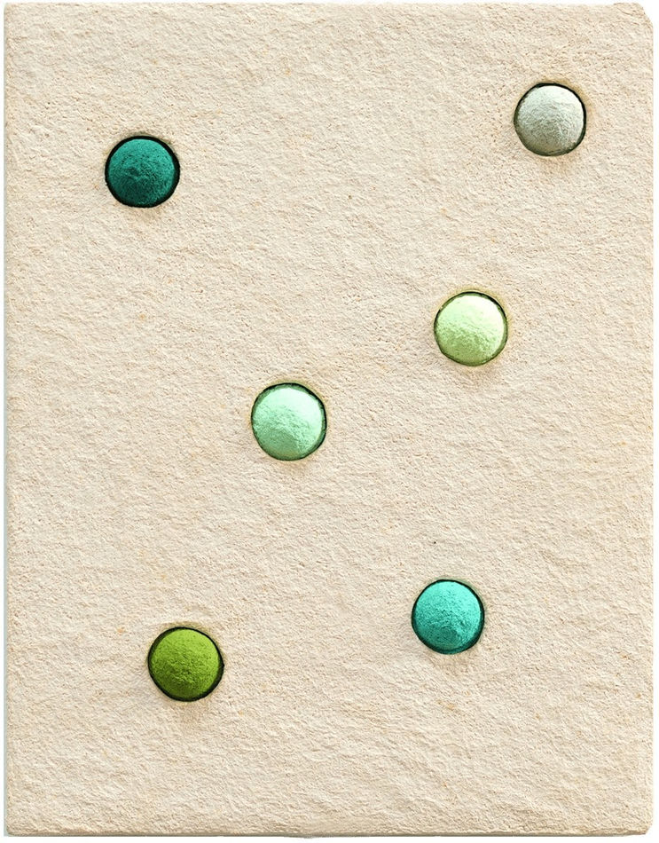 CHIAOZZA - pigmented paper pulp mix media work of six green sphere in different shade mounted in pale peach background.
