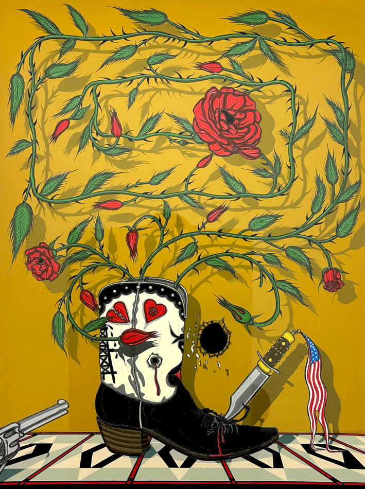 painting by artist Alex Ziv depicting a cowboy boot with a knife in the toe, a gun pointed at it, and an extensive rose bush growing out of it against a yellow background