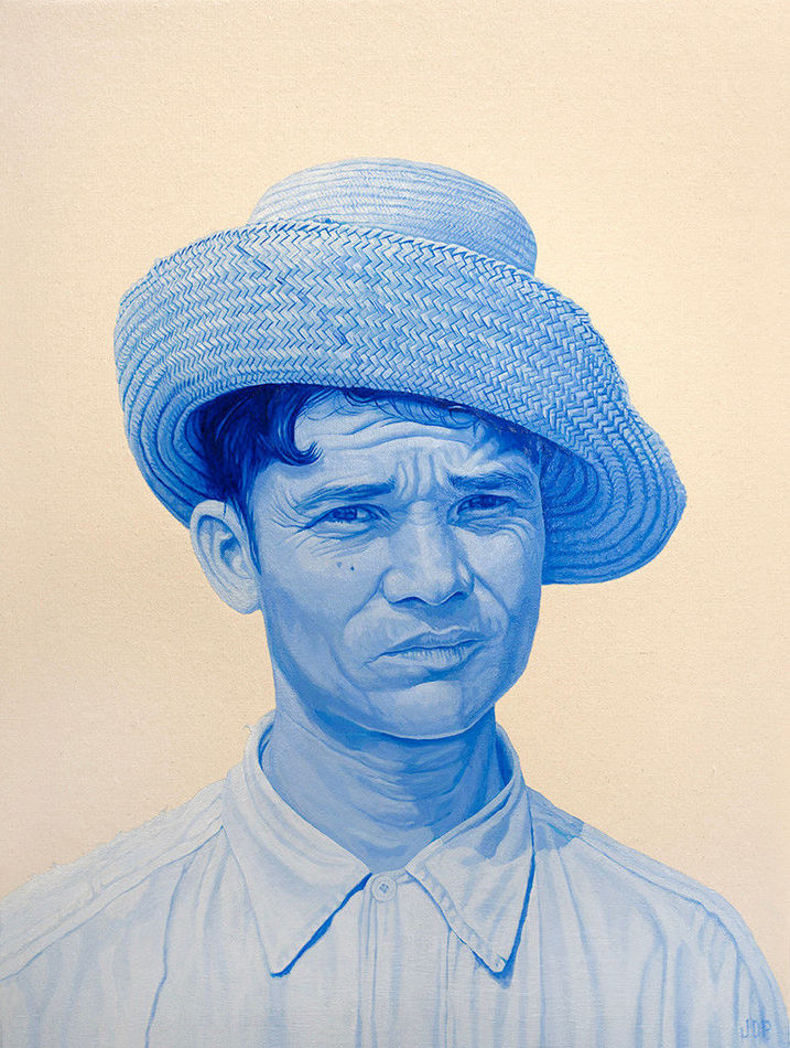Painting of a man wearing a straw hat and a button up shirt in blue tones on a cream background