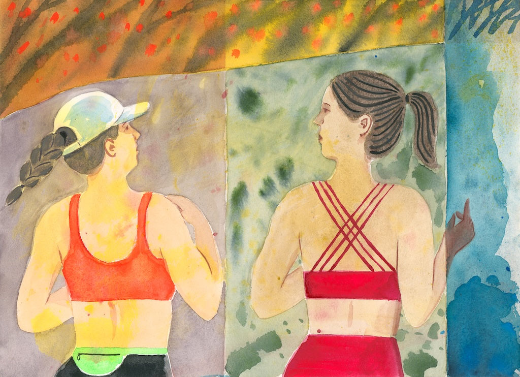 Painting on paper of two women running with a colorful rectangle background
