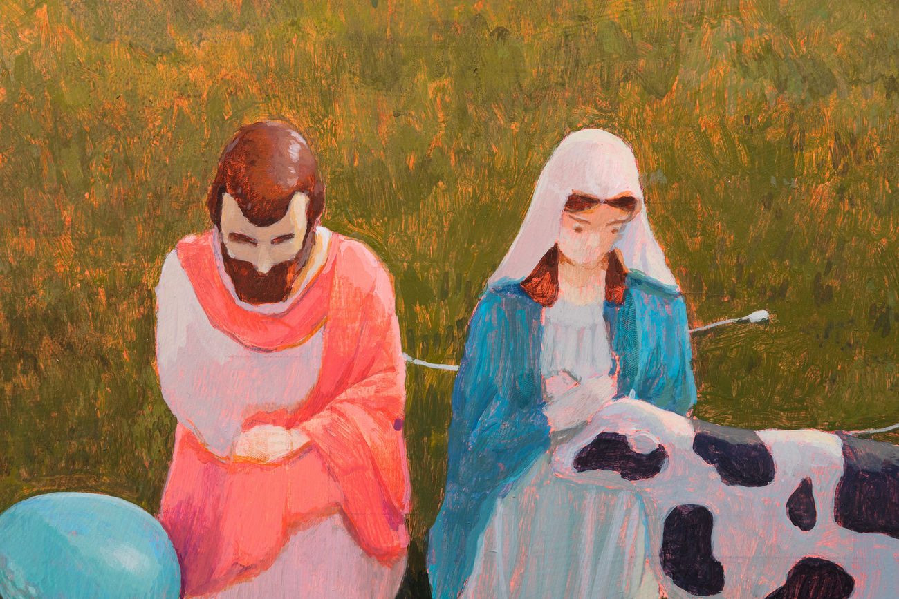 Painting of two photos showing the front and back of lawn decorations including Joseph and Mary, the Easter Bunny, two Easter Eggs and a cow