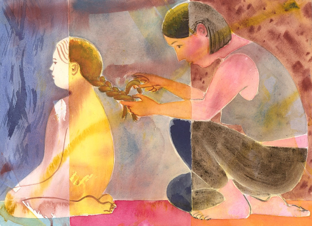 Painting on paper of a woman kneeling on the ground braiding a child's hair