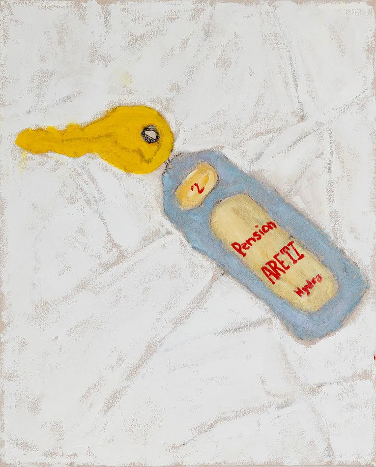 painting of a hotel room key on a white surface