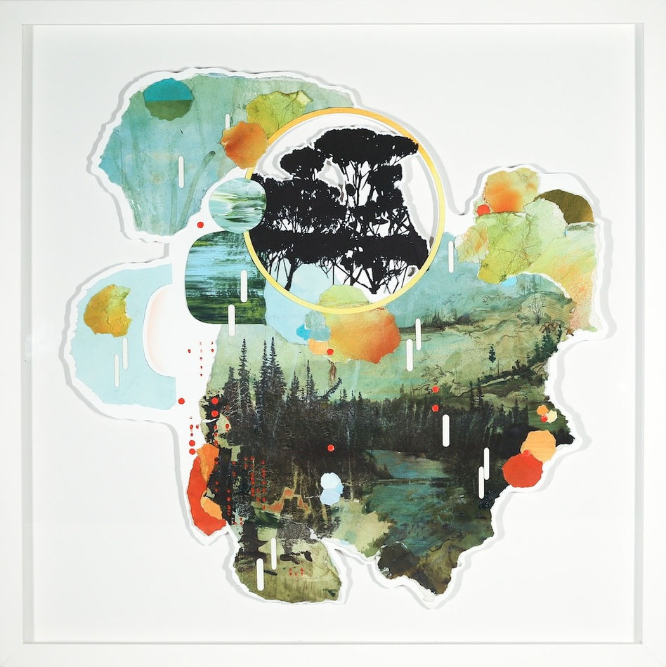 Multimedia collage of earthy elements, drawings, and paintings, in blue, green, and orange with a white frame