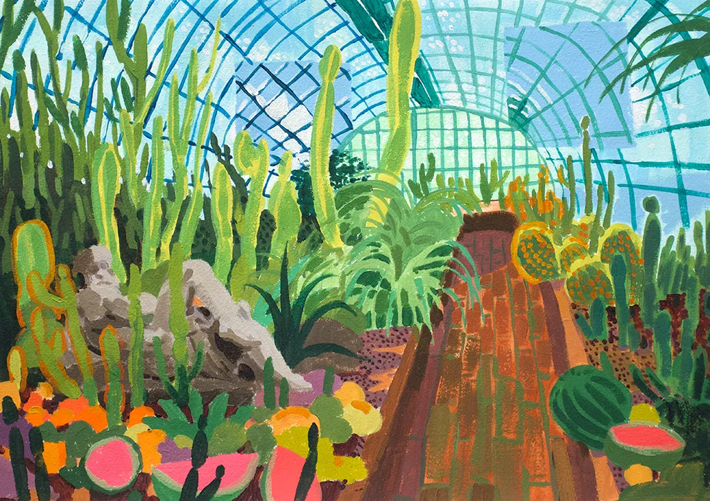 Pastel drawing of a marble sculpture and plants in a greenhouse