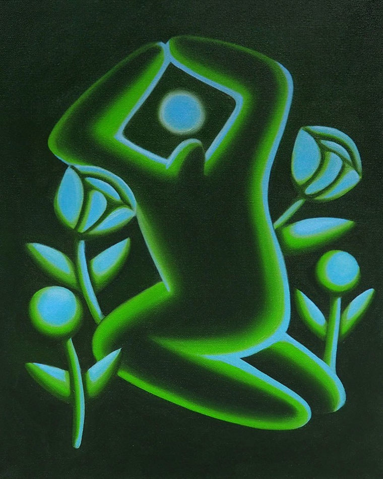 painting by jocelyn staid on a dark green figure kneeling with a light green and blue glow around it, with blue and green flowers on either side