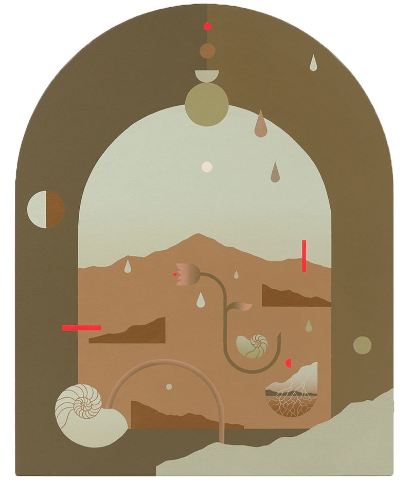 Madeleine Tonzi - brown and teal shaded painting of floating flowers, shells, water drops, and abstract shapes in front of a landscape in arch frame.