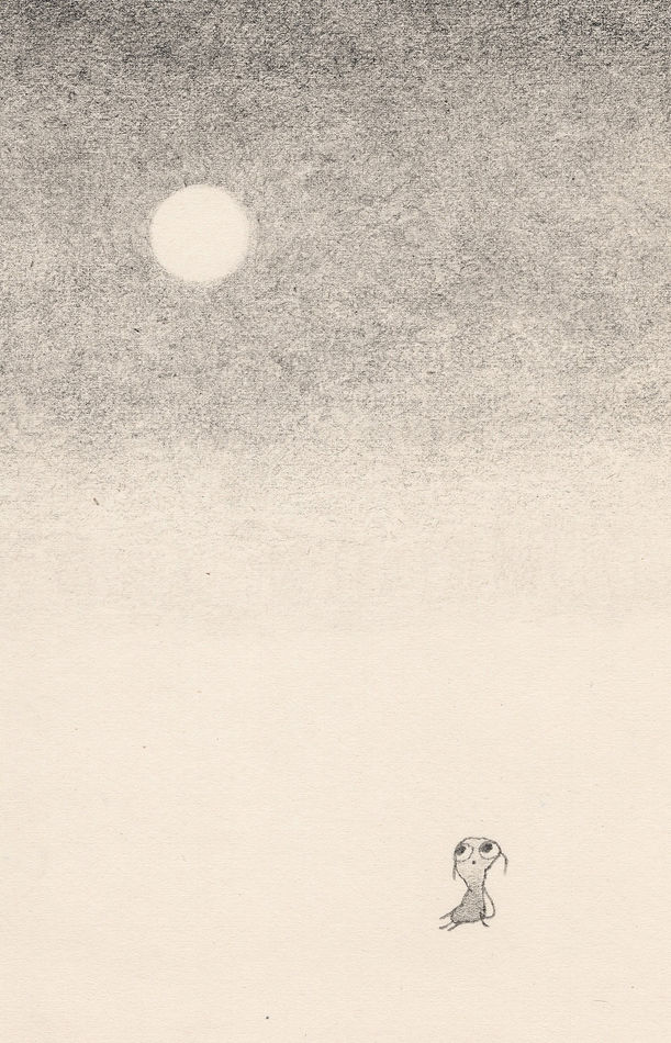 Drawing of a little big creature looking up at a full moon