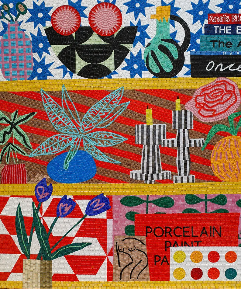 Mosaic still life of three shelves with several plants, books and candles.